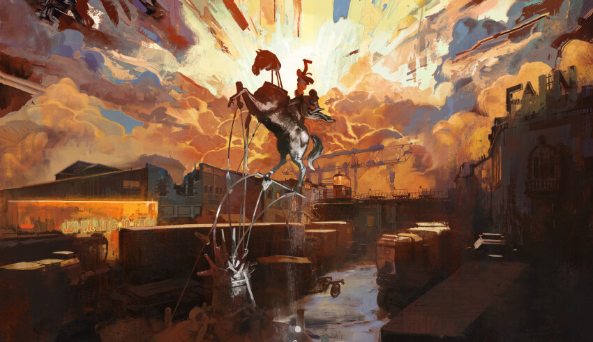 1boy absurdres aleksander_rostov building city cityscape cloud disco_elysium harry_du_bois highres horse official_art outdoors painterly scenery sky statue very_wide_shot wide_shot