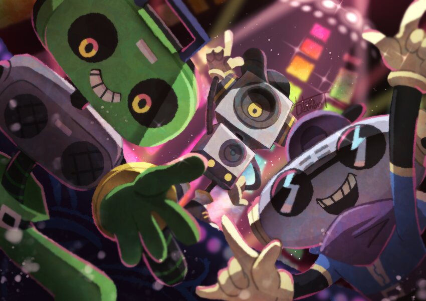 3boys :d \m/ absurdres backwards_hat baseball_cap belt black_footwear black_hat blue_jacket cap&#039;n_(deltarune) cassette_player cd_player commentary deltarune double_\m/ english_commentary fewer_digits gloves green_gloves green_pants grin hand_on_own_hip hat highres humanoid_robot jacket k_k_(deltarune) light_particles looking_at_viewer male_focus mechanical_arms multiple_boys object_head open_mouth pants purple_bandana purple_hat robot short_sleeves smile speaker sunglasses sweet_(deltarune) teeth upper_teeth_only watawata22 yellow_eyes yellow_gloves