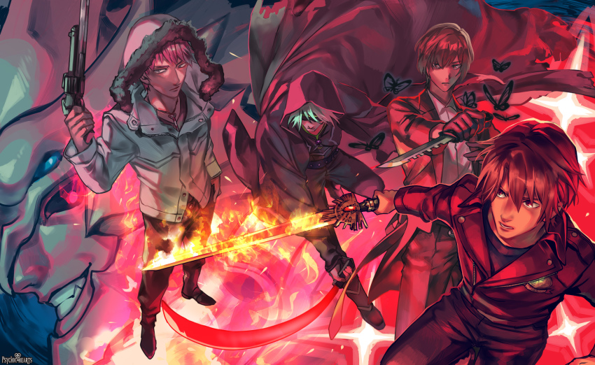 5boys black_gloves boots brown_hair bug butterfly cape copyright_name fire flaming_sword flaming_weapon gloves glowing glowing_eyes grin gun hair_over_eyes hand_on_own_hip highres holding holding_gun holding_knife holding_sword holding_weapon insect jacket jewelry knife looking_at_viewer male_focus multiple_boys necklace official_art otani_(gloria) psychic_hearts red_background red_eyes red_hood slashing smile standing sword weapon white_hair