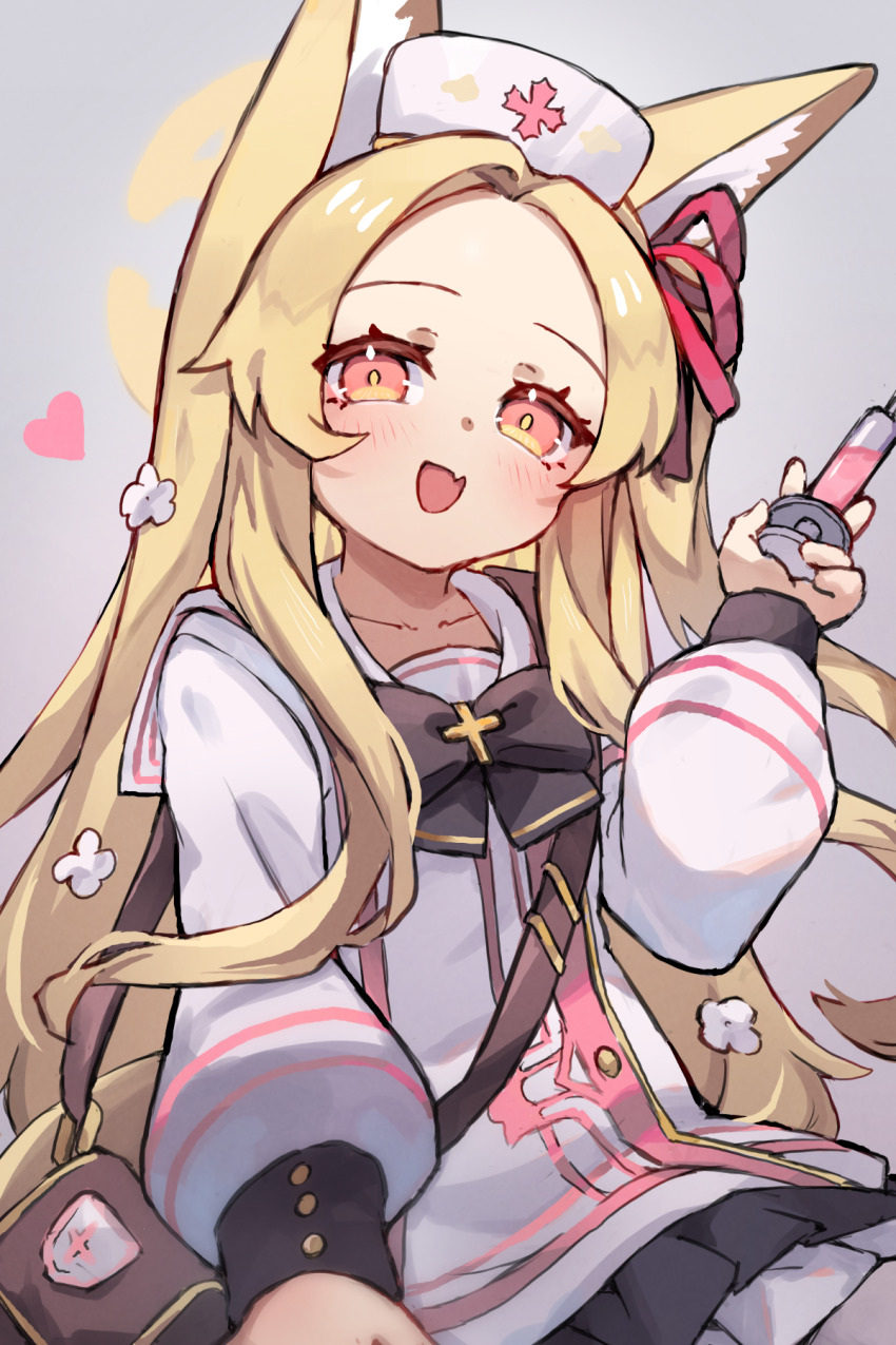 1girl :d animal_ears bag black_bow blonde_hair blue_archive bow cosplay dress fang flower forehead fox_ears frilled_dress frills grey_background hair_flower hair_ornament hair_ribbon halo hat heart highres holding holding_syringe long_hair long_sleeves looking_at_viewer miya_(miyaruta) nurse nurse_cap one_side_up open_mouth parted_bangs puffy_long_sleeves puffy_sleeves red_eyes red_ribbon ribbon sailor_collar sailor_dress seia_(blue_archive) serina_(blue_archive) serina_(blue_archive)_(cosplay) shoulder_bag simple_background smile solo syringe very_long_hair white_dress white_flower white_hat white_sailor_collar yellow_halo