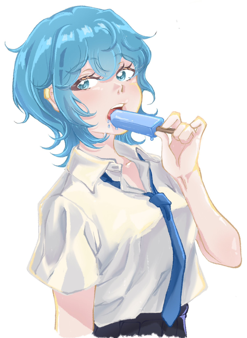 1girl asahina_yuni black_skirt blue_necktie collared_shirt food green_eyes green_hair hand_up highres holding holding_food holding_popsicle kyou_wa_kanojo_ga_inai_kara necktie pleated_skirt popsicle rorol_reime shirt short_sleeves simple_background skirt solo teeth tongue white_background white_shirt
