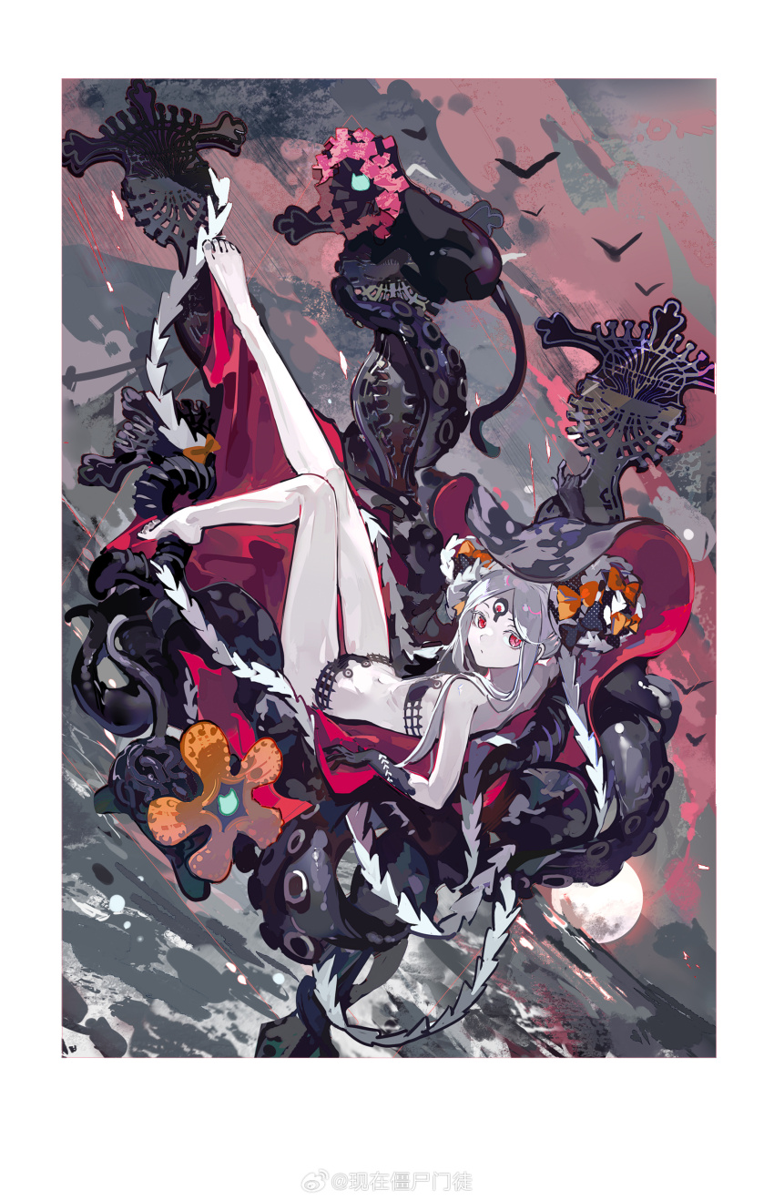 1girl abigail_williams_(fate) abigail_williams_(swimsuit_foreigner)_(fate) abigail_williams_(swimsuit_foreigner)_(first_ascension)_(fate) absurdres barefoot bikini black_bikini cat double_bun fate/grand_order fate_(series) flat_chest full_body full_moon hair_bun hat highres keyhole looking_at_viewer luthar_(fate) mento moon navel nosh_(fate) pale_skin red_eyes solo suction_cups swimsuit tentacles third_eye watermark weibo_watermark