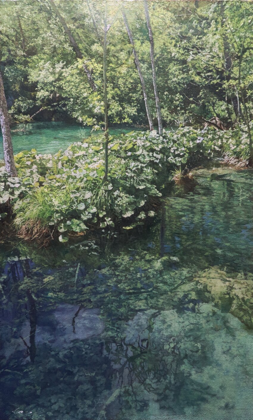 absurdres bush day forest grass highres hill morning naohiro_ito nature no_humans original painting_(medium) pond reflection sapling shadow sunlight traditional_media tree tree_shade water