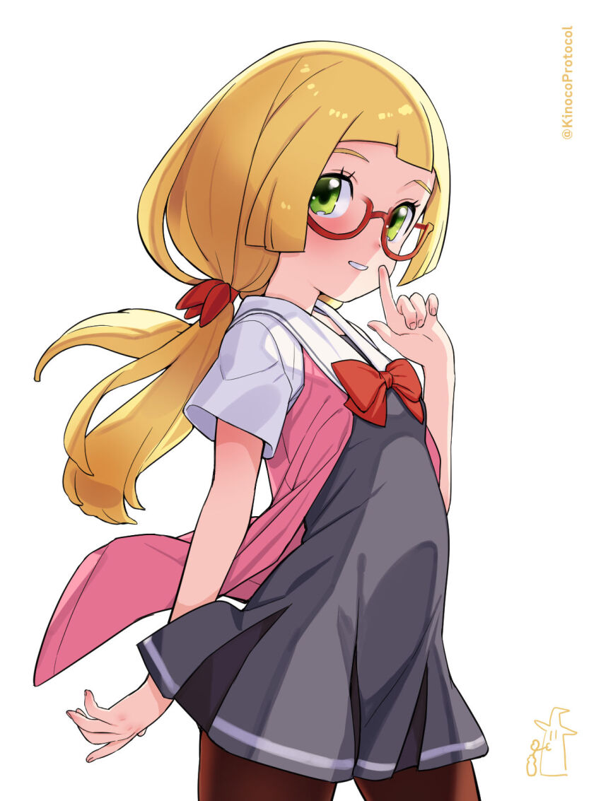 1girl blonde_hair brown_pantyhose commentary_request cowboy_shot creatures_(company) dress eyelashes game_freak glasses green_eyes grey_dress hand_up highres index_finger_raised kinocopro lillie_(pokemon) long_hair nintendo pantyhose parted_lips pokemon pokemon_(anime) pokemon_sm113 pokemon_sm_(anime) ponytail red-framed_eyewear semi-rimless_eyewear signature simple_background solo twitter_username watermark white_background