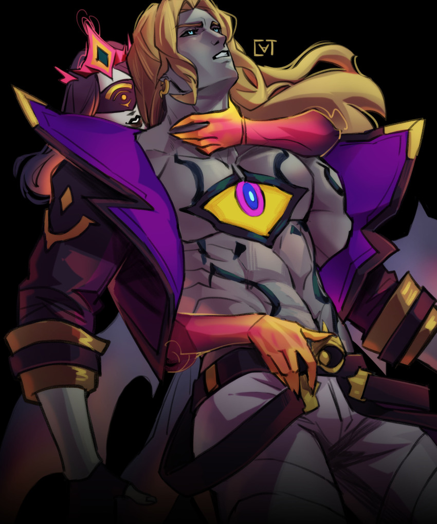 1boy 1girl abs absurdres belt black_background black_belt black_gloves black_sclera blonde_hair clenched_teeth collarbone colored_sclera colored_skin earrings eye_mask fingerless_gloves gloves grabbing_from_behind grey_pants grey_skin hand_on_another&#039;s_throat highres isolde_(league_of_legends) jacket jewelry league_of_legends long_hair long_sleeves multicolored_jacket muscular muscular_male no_shirt open_clothes open_jacket pants purple_jacket red_hair red_lips smile soul_fighter_viego sundaycat3 teeth third_eye_on_chest viego_(league_of_legends)