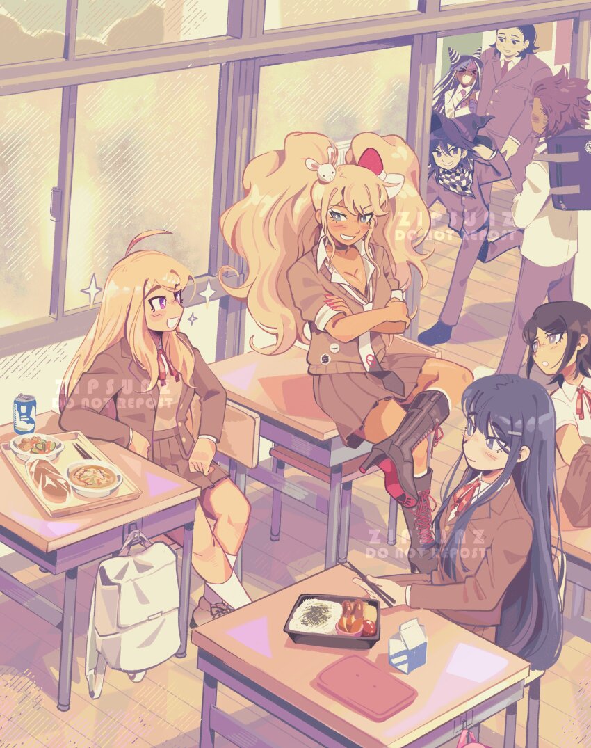 &gt;_&lt; 3boys 5girls :d absurdres akamatsu_kaede bear_hair_ornament big_hair black_hair black_shirt blonde_hair blue_eyes blue_hair blush bow breasts brown_jacket checkered_clothes checkered_scarf choker cleavage collarbone danganronpa:_trigger_happy_havoc danganronpa_(series) danganronpa_2:_goodbye_despair danganronpa_v3:_killing_harmony enoshima_junko grin hair_horns hair_ornament hat highres hope&#039;s_peak_academy_school_uniform ikusaba_mukuro jacket kuwata_leon long_hair maizono_sayaka meal milk_carton mioda_ibuki multicolored_hair multiple_boys multiple_girls necktie oma_kokichi open_mouth pink_eyes pink_hair red_bow red_hair red_nails red_skirt rice scarf school school_uniform shirt skirt sleeves_rolled_up smile table togami_byakuya_(danganronpa_2) twintails two-tone_necktie two-tone_scarf ultimate_imposter white_hair white_necktie witch_hat xd zipsunz
