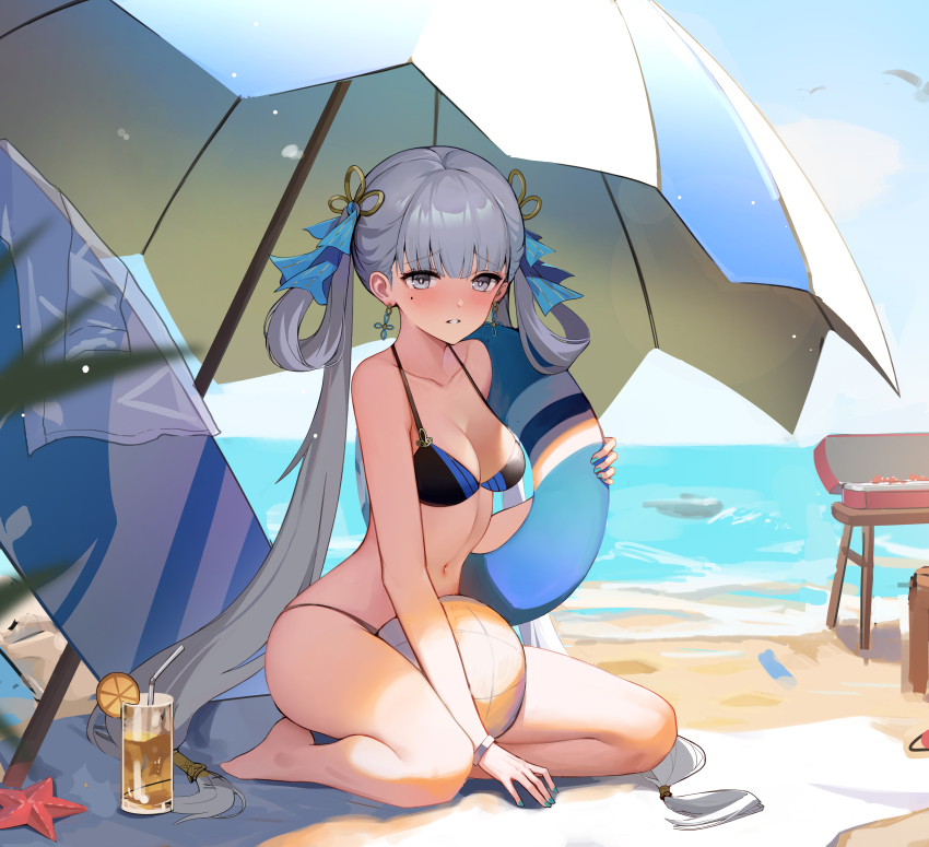 1girl absurdres ball beach beach_umbrella beachball bikini black_bikini black_eyes blue_sky blurry blush breasts chinese_commentary commentary_request cup depth_of_field food fruit grey_hair highres holding holding_swim_ring innertube jinhsi_(wuthering_waves) lemon lemon_slice long_hair looking_at_viewer mole mole_under_eye ocean parted_lips sitting sky small_breasts solo starfish swim_ring swimsuit twintails umbrella very_long_hair wariza wuthering_waves ye_yu_(pixiv_17156650)