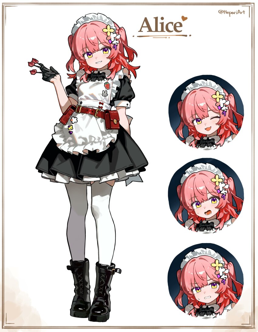 1girl absurdres black_boots boots dart grin hepari highres holding_dart lace-up_boots maid maid_headdress medium_hair multiple_expressions open_mouth original parted_lips puffy_short_sleeves puffy_sleeves short_sleeves smile solo teeth thighhighs white_thighhighs yellow_eyes