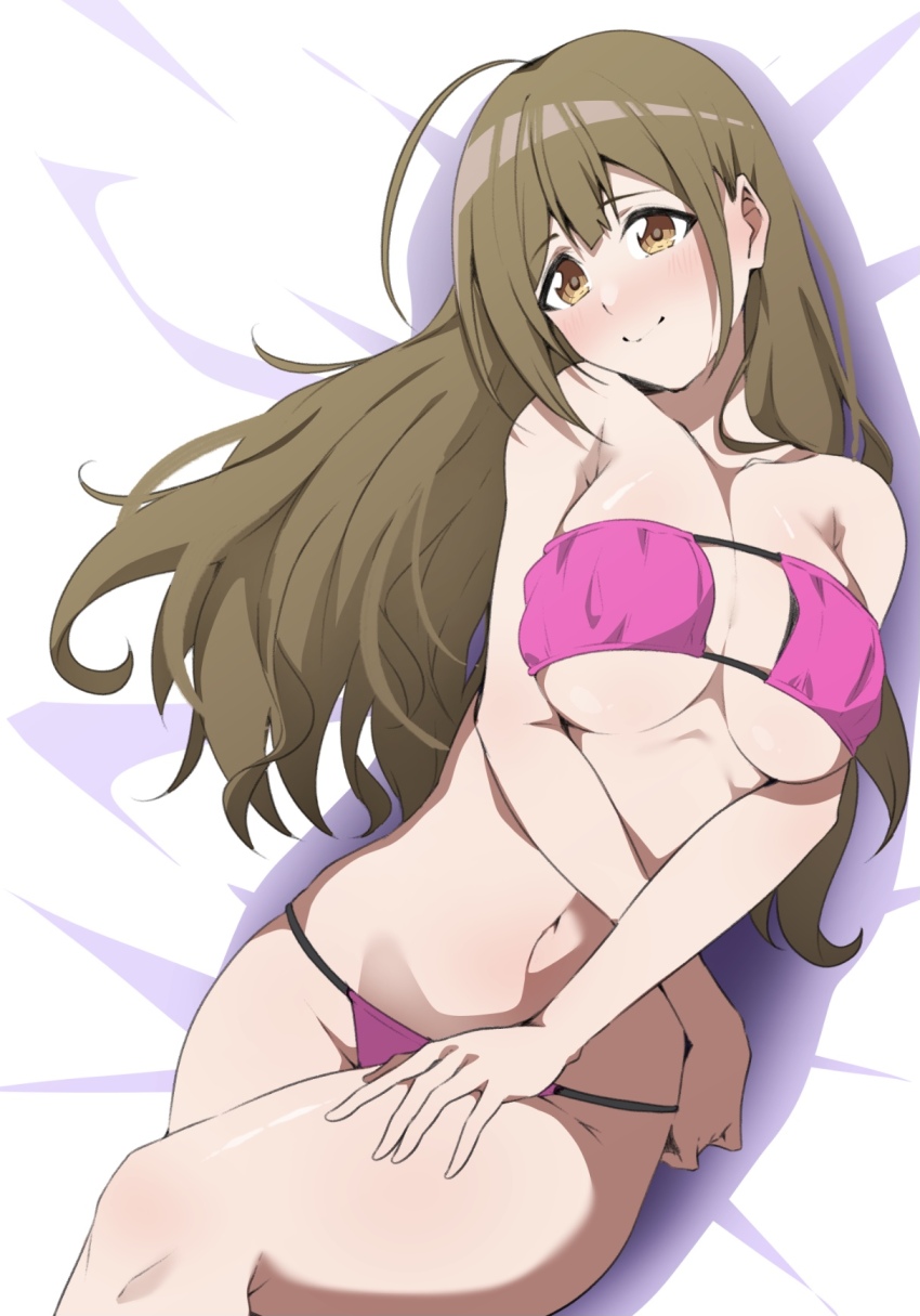1girl ahoge bikini blush breasts breasts_squeezed_together brown_eyes brown_hair cowboy_shot eyepatch_bikini highres huge_ahoge idolmaster idolmaster_shiny_colors kuwayama_chiyuki large_breasts lying monya_monya_(tmsc7752) navel nose_blush solo swimsuit