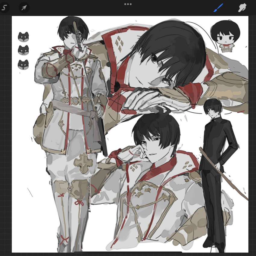 1boy arm_guards armor art_program_in_frame asahi_sas_brutus black_eyes black_hair blunt_bangs chibi chibi_inset final_fantasy final_fantasy_xiv hand_on_own_face highres hyur japanese_armor japanese_clothes jidappeng katana looking_at_viewer sash shiba_inu short_hair simple_background sword weapon