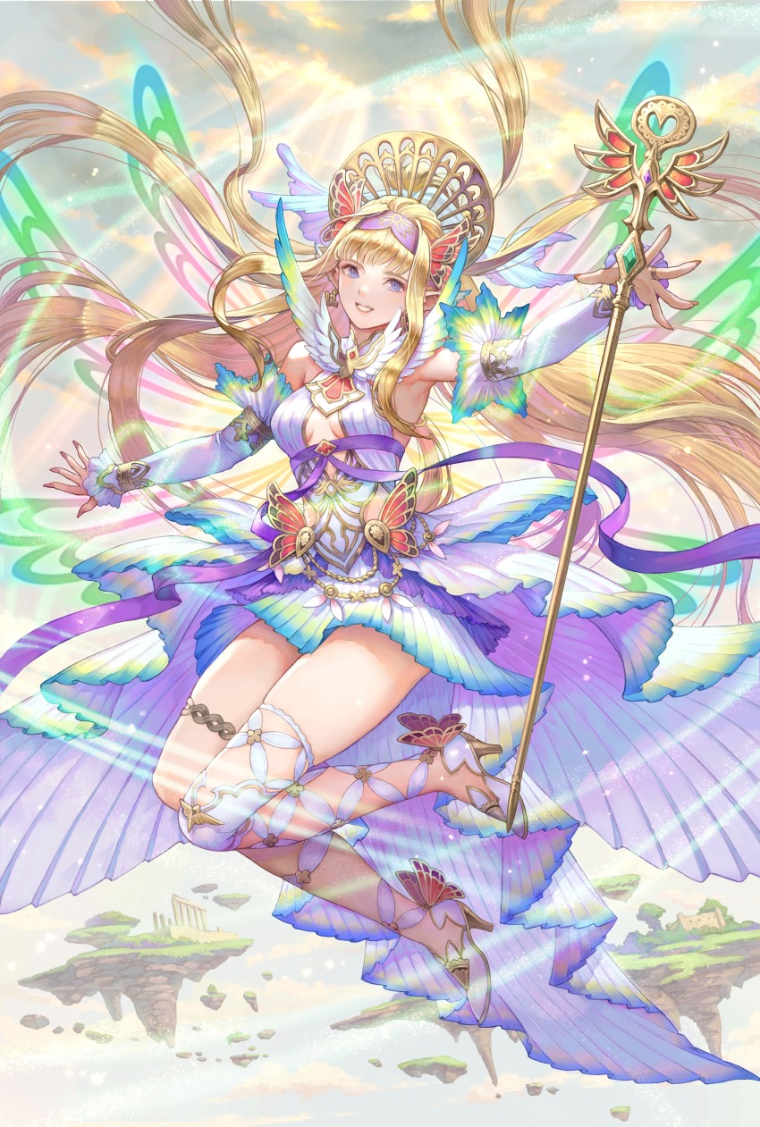 1girl absurdres blonde_hair breasts chain_chronicle character_request dress floating floating_hair gloves haccan hairband high_heels highres long_hair looking_at_viewer official_art parted_lips purple_eyes small_breasts smile solo staff