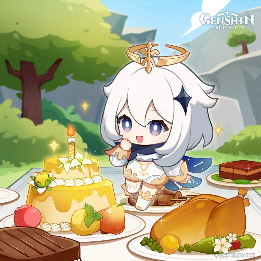 1girl absurdres berry blue_sky blurry blurry_background bright_pupils cake candle chibi chicken-mushroom_skewer_(genshin_impact) chicken_(food) commentary copyright_name day dot_nose english_commentary floating flower food fruit genshin_impact green_pepper hair_between_eyes hair_ornament halo hand_up highres lemon long_sleeves meat mushroom official_art open_mouth outdoors paimon_(genshin_impact) peas plate puffy_long_sleeves puffy_sleeves purple_eyes skewer sky solo sparkle steak sunsettia_(genshin_impact) sweet_madame_(genshin_impact) tianshu_meat_(genshin_impact) tree valberry_(genshin_impact) white_flower white_footwear white_hair white_pupils