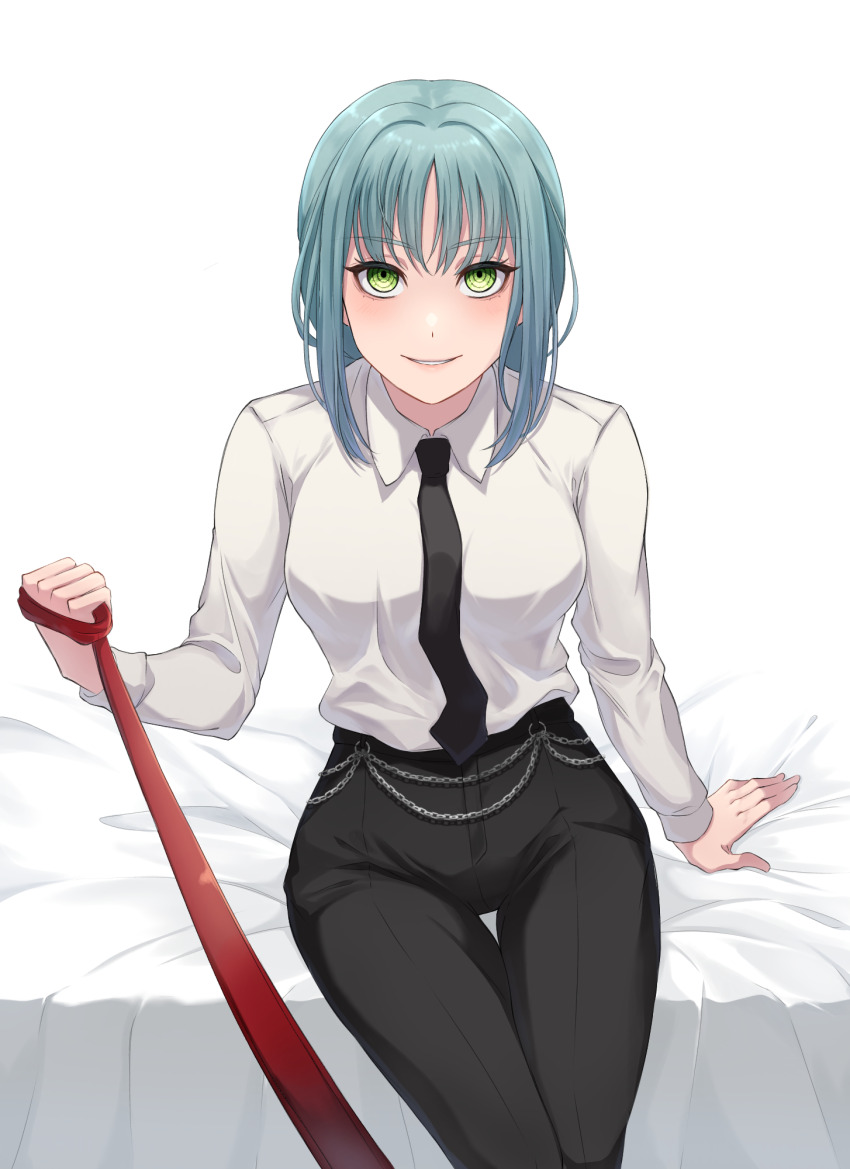 1girl aqua_hair bang_dream! black_necktie black_pants chainsaw_man collared_shirt commentary_request cosplay green_eyes highres hikawa_sayo holding holding_leash leash long_hair long_sleeves looking_at_viewer makima_(chainsaw_man) makima_(chainsaw_man)_(cosplay) miyamu necktie open_mouth pants pov shirt sitting solo viewer_on_leash white_shirt