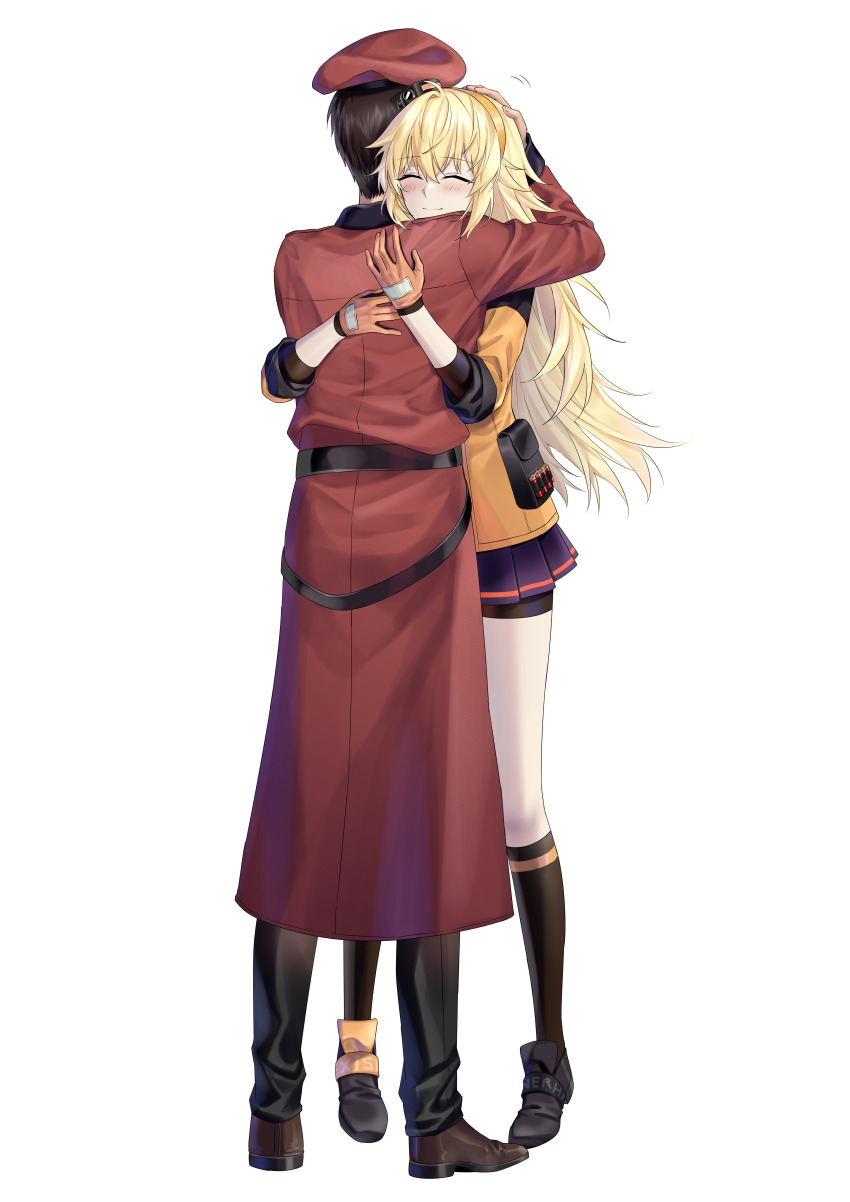 1boy 1girl absurdres ahoge beret bike_shorts black_footwear black_jacket black_pants black_socks blonde_hair blush boots brown_footwear brown_hair closed_eyes coat commander_(girls&#039;_frontline) commission girls&#039;_frontline gloves griffin_&amp;_kryuger_military_uniform hand_up hat headband headpat highres hug jacket long_hair multicolored_jacket orange_gloves orange_headband orange_jacket pants pixiv_commission pleated_skirt pouch red_coat s.a.t.8_(girls&#039;_frontline) shotgun_shell skirt smile socks suprii two-tone_jacket