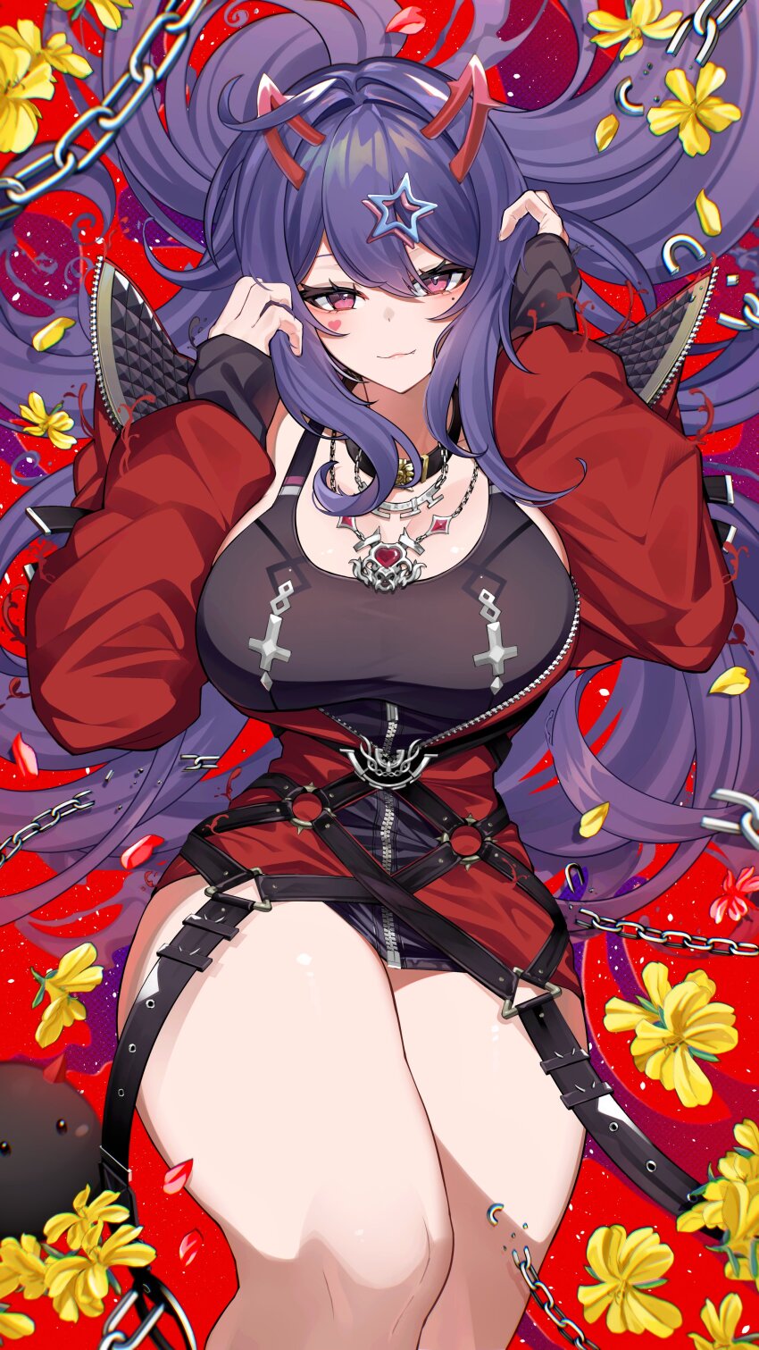 1girl absurdres akagi_(sk0127aho) akuma_nihmune akuma_nihmune_(casual) black_collar black_jacket breasts chain closed_mouth collar facial_mark fang flower hair_ornament heart heart_facial_mark highres horns indie_virtual_youtuber jacket jewelry large_breasts long_hair mole mole_under_mouth necklace noomba_(akuma_nihmune) o-ring open_clothes open_jacket pink_eyes red_flower red_horns red_jacket sleeves_past_wrists solo star_(symbol) star_hair_ornament virtual_youtuber yellow_flower zipper