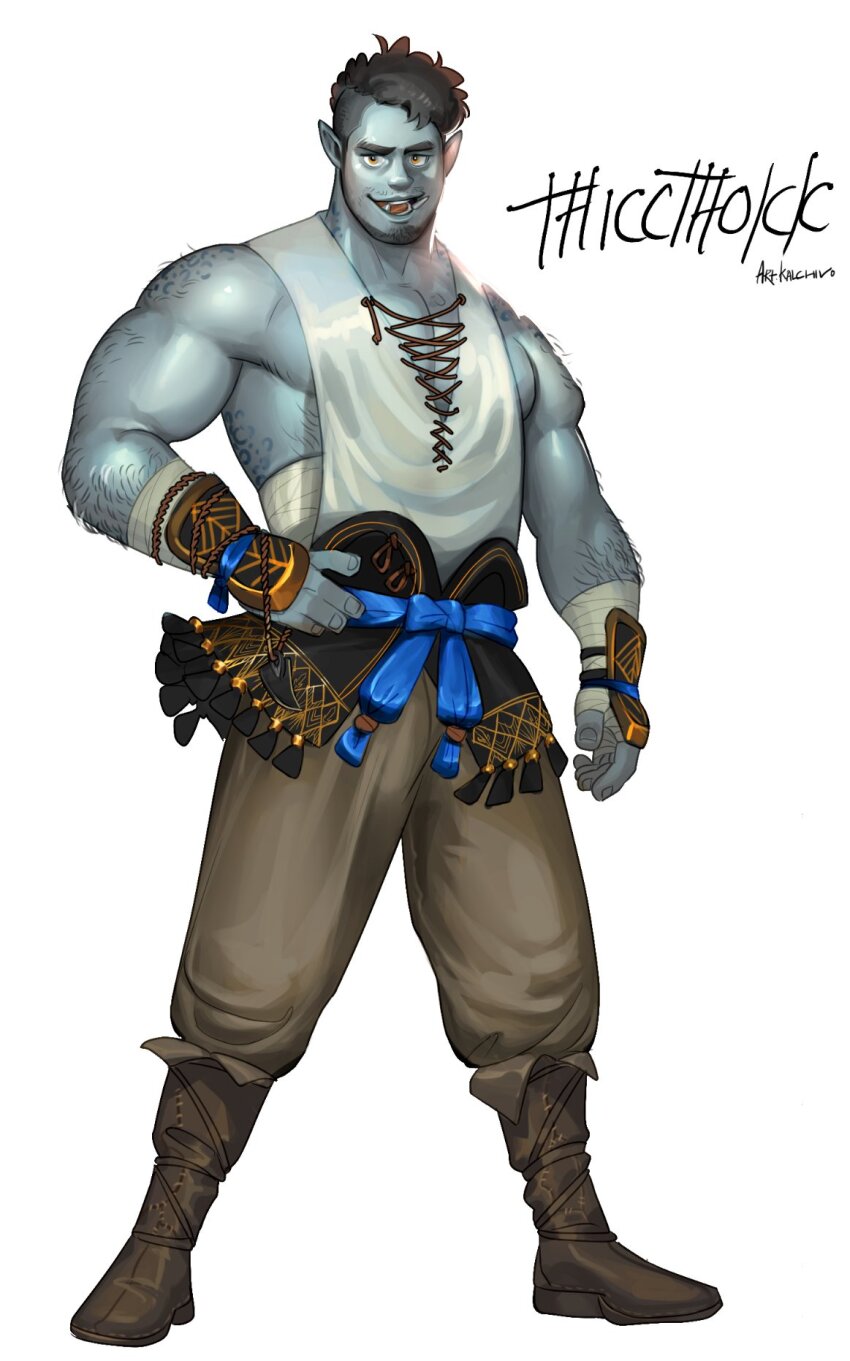 1boy arm_hair baggy_pants bandaged_arm bandages bara beard_stubble black_hair blue_skin body_freckles boots brown_boots chivo_(kalchivo) colored_skin commission cross-laced_slit facial_hair freckles full_body hairy highres large_pectorals leather leather_boots legs_apart looking_at_viewer male_focus mature_male midriff_sarashi monster_boy muscular muscular_male mustache_stubble open_mouth orc original pants pectoral_cleavage pectorals pointy_ears sarashi second-party_source shirt short_hair sidepec sleeveless sleeveless_shirt smile solo stubble tachi-e thicc_thokk_(jpsr388) thick_eyebrows tusks undercut vambraces white_background white_shirt