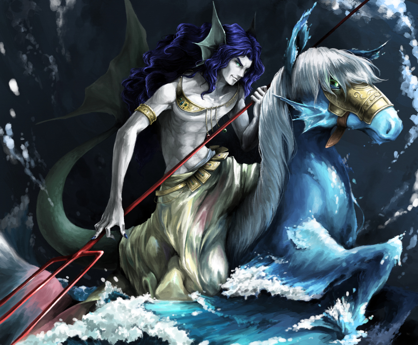 1boy absurdres blue_hair blue_skin colored_skin curly_hair fins food_fighter_441 green_eyes head_fins highres hippocampus horse male_focus merman monster_boy nail_polish original polearm solo topless_male trident water weapon
