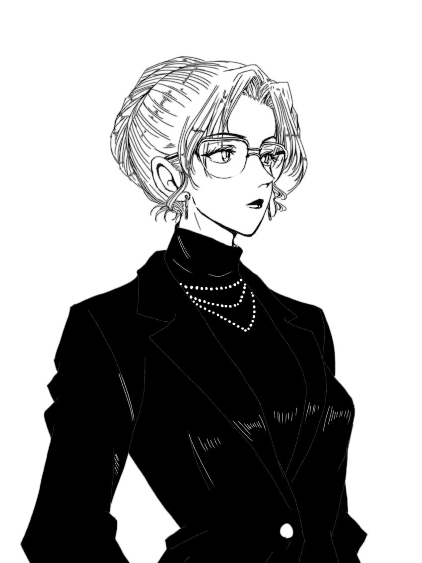1girl closed_mouth earrings glasses greyscale hair_bun highres jewelry meitantei_conan monochrome necklace pearl_necklace rio_raspberry sidelocks simple_background solo turtleneck upper_body yagokoro_eirin