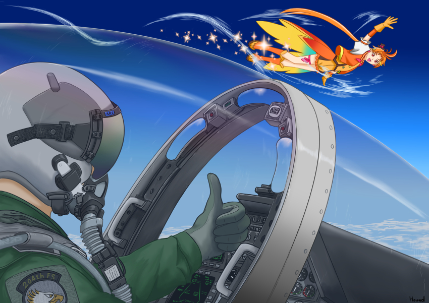 1boy 1other ahoge aircraft airplane ambiguous_gender bird canopy_(aircraft) cockpit cure_wing eagle f-15_eagle fighter_jet flight_suit flying g-suit gauge gloves green_jacket helmet highres hirogaru_sky!_precure hound_(ss-7) jacket japan_air_self-defense_force japan_self-defense_force magical_boy military military_vehicle orange_hair oxygen_mask pilot_helmet pilot_suit precure red_eyes sparkling_eyes thumbs_up top_gun waving yuunagi_tsubasa