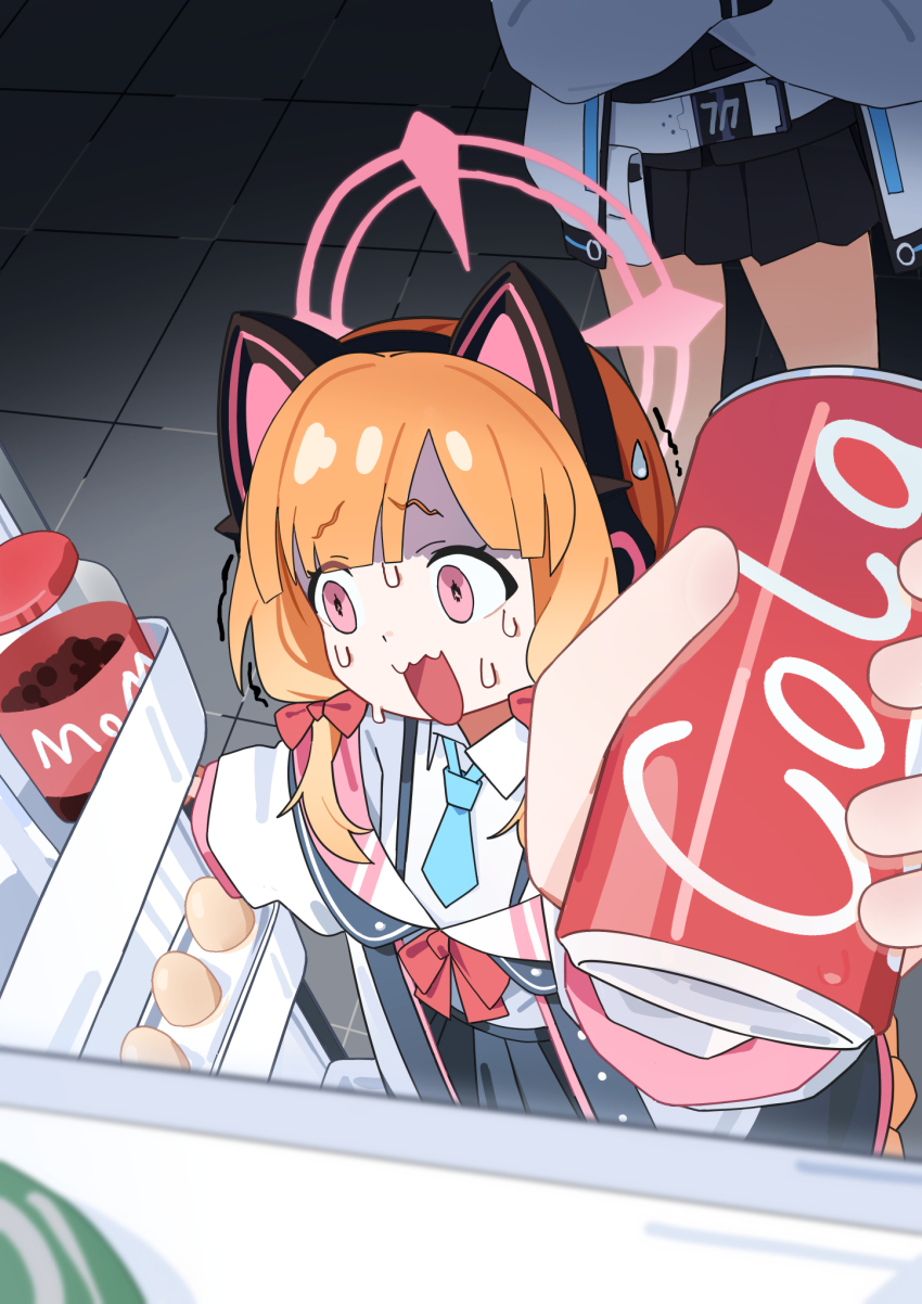 2girls adon_(dufaladanidu) animal_ear_headphones animal_ears black_skirt blonde_hair blue_archive blue_necktie bow can cat_ear_headphones drink_can fake_animal_ears hair_bow halo headphones highres holding holding_can jacket long_sleeves momoi_(blue_archive) multiple_girls necktie nervous_sweating open_mouth pink_eyes pink_halo red_bow refrigerator shirt skirt soda_can solo_focus sweat white_jacket white_shirt yuuka_(blue_archive)