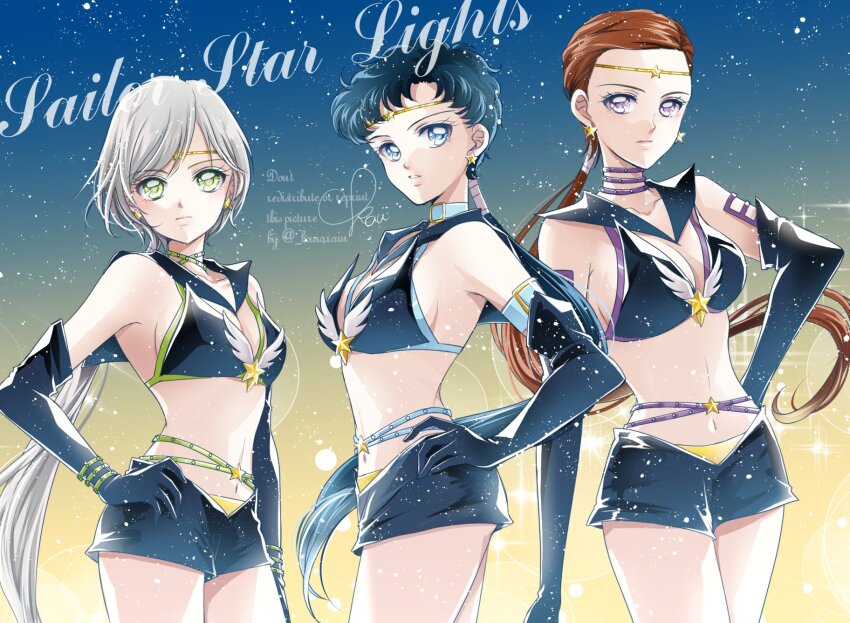 3girls armpits bishoujo_senshi_sailor_moon bishoujo_senshi_sailor_moon_stars black_bra black_gloves black_hair black_sailor_collar black_shorts blue_eyes bra breasts brown_hair circlet earrings elbow_gloves expressionless forehead gloves green_eyes highres jewelry multiple_girls navel no_bangs parted_bangs ponytail purple_eyes sailor_collar sailor_star_fighter sailor_star_healer sailor_star_maker sarashina_kau shorts small_breasts star_(symbol) star_earrings swept_bangs underwear white_hair
