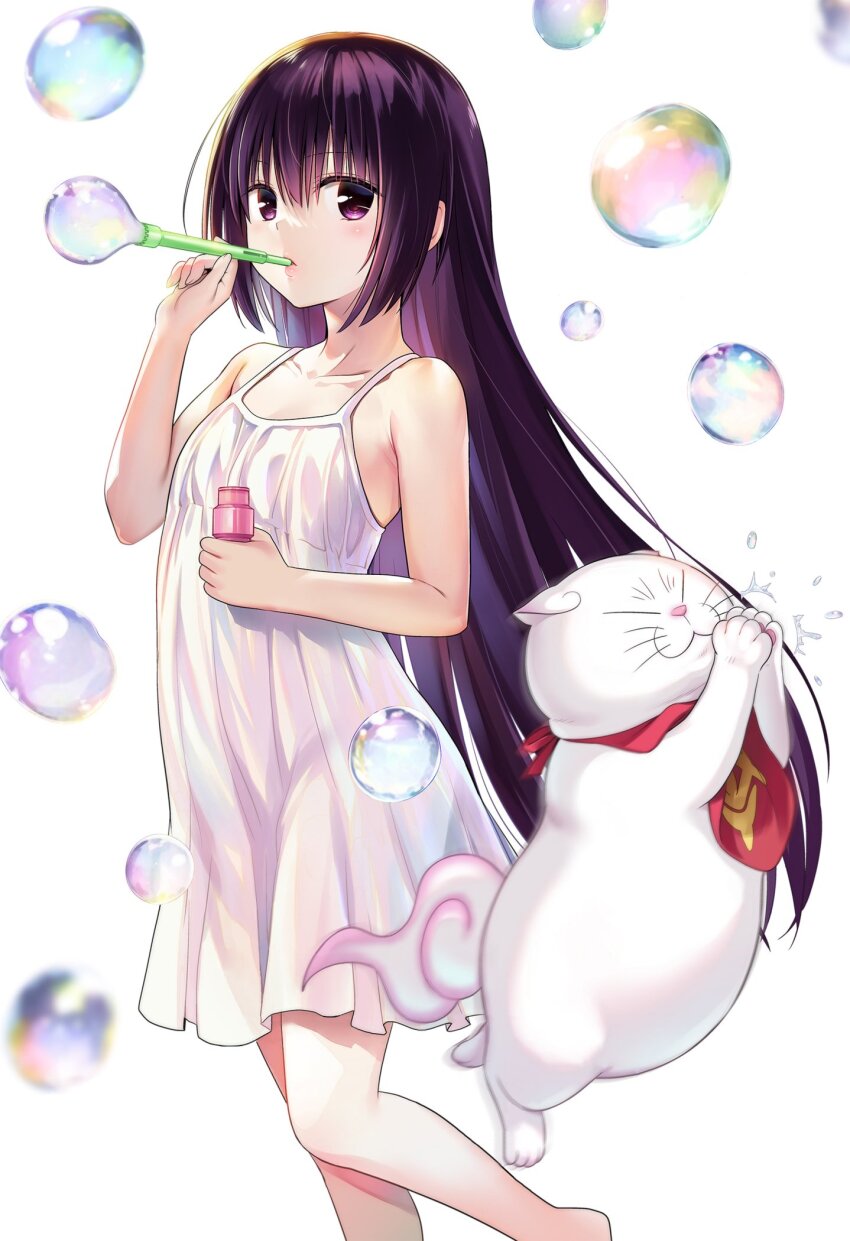 1girl 1other ayakashi_triangle blowing bubble blowing_bubbles bubble_pipe cleaned commentary derivative_work dress english_commentary eyelashes flat_chest highres kanade_(ayatora) light_blush long_hair looking_at_viewer momocchi18 official_art purple_eyes purple_hair shirogane_(ayatora) short_dress simple_background sleeveless sleeveless_dress standing white_background white_dress yabuki_kentarou