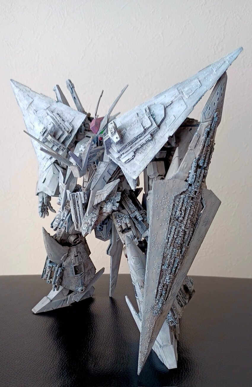 bikaminarihari commentary_request executor_(star_wars) fusion green_eyes gundam gundam_hathaway&#039;s_flash highres mecha mecha_focus model_kit_(medium) no_humans photo_(medium) robot science_fiction shadow standing star_destroyer star_wars star_wars:_return_of_the_jedi unconventional_media v-fin xi_gundam