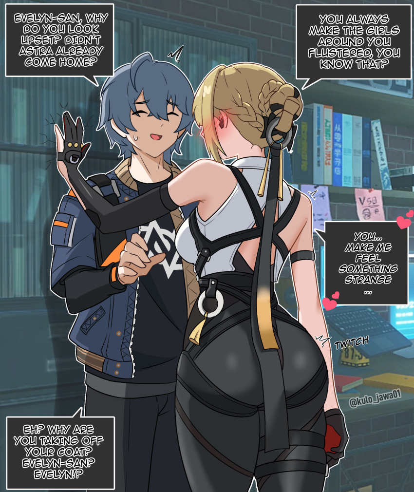 1boy 1girl ass asymmetrical_gloves bare_shoulders black_pants blonde_hair blush bookshelf commentary cowboy_shot ear_blush elbow_gloves english_text evelyn_chevalier forced_smile from_behind gloves grey_hair hair_up half_gloves hetero high-waist_pants highres kabedon kulojawa pants short_hair single_elbow_glove single_half_glove speech_bubble tight_clothes tight_pants wise_(zenless_zone_zero) you_gonna_get_raped zenless_zone_zero