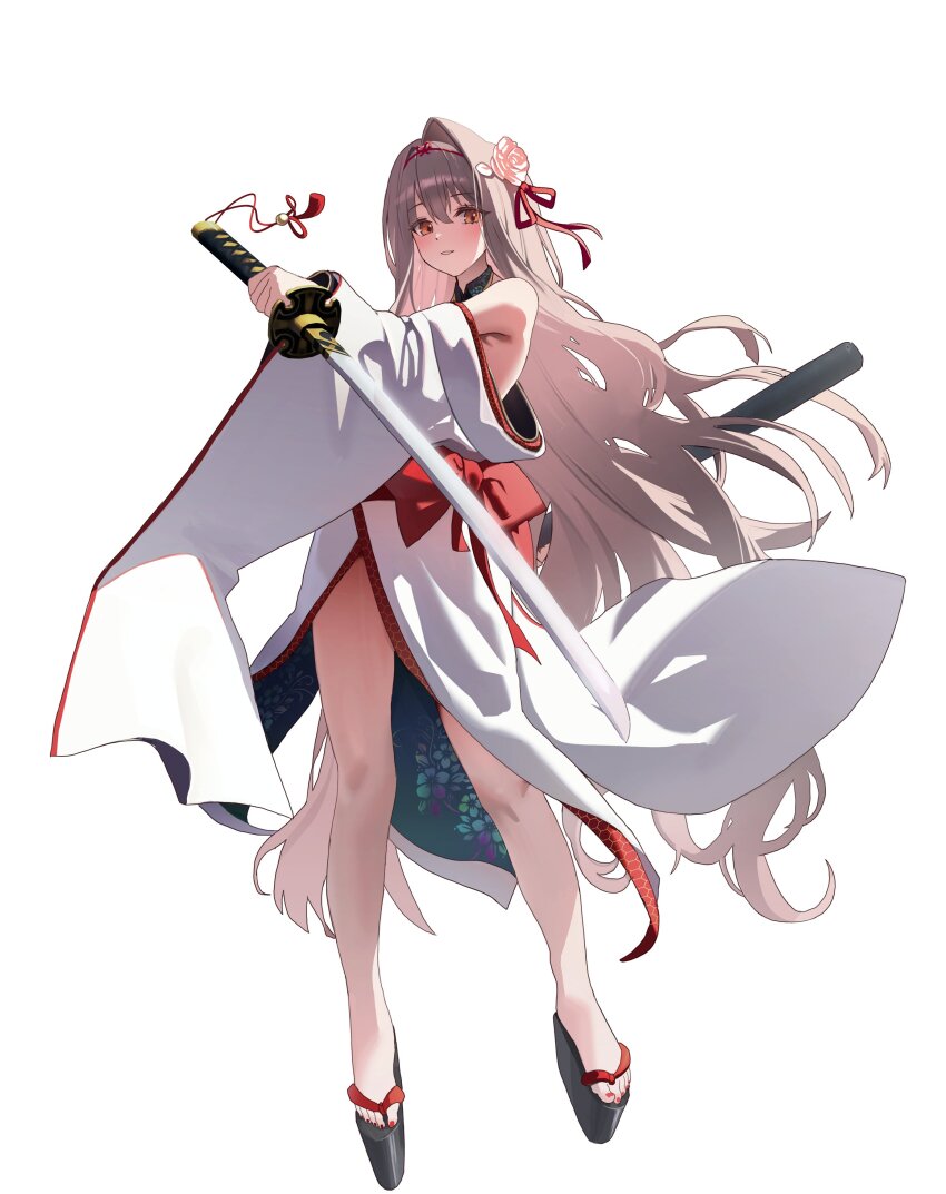 1girl absurdres bare_shoulders black_sandals commentary flower full_body goddess_of_victory:_nikke grey_hair hair_flower hair_intakes hair_ornament hallo_(rltkdydrltk) hand_up highres holding holding_sword holding_weapon japanese_clothes katana kimono long_hair looking_at_viewer red_eyes revision rose_(nikke) sandals simple_background smile solo standing sword toes very_long_hair weapon white_background white_flower white_kimono wide_sleeves zouri