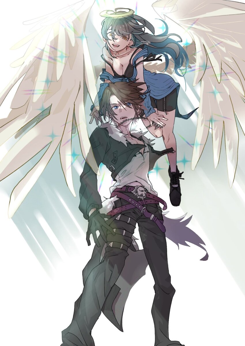 1boy 1girl angel_wings belt bike_shorts black_gloves black_jacket black_pants blue_cardigan blue_eyes breasts brown_eyes brown_hair cardigan cleavage collarbone commentary_request feathered_wings feet_out_of_frame final_fantasy final_fantasy_viii floating fur-trimmed_jacket fur_trim gloves hair_between_eyes halo highres jacket jewelry long_hair medium_breasts necklace open_clothes open_jacket open_mouth oshibainoticket pants rinoa_heartilly scar scar_on_face scar_on_forehead shirt short_hair squall_leonhart strap_slip v-neck white_shirt wings