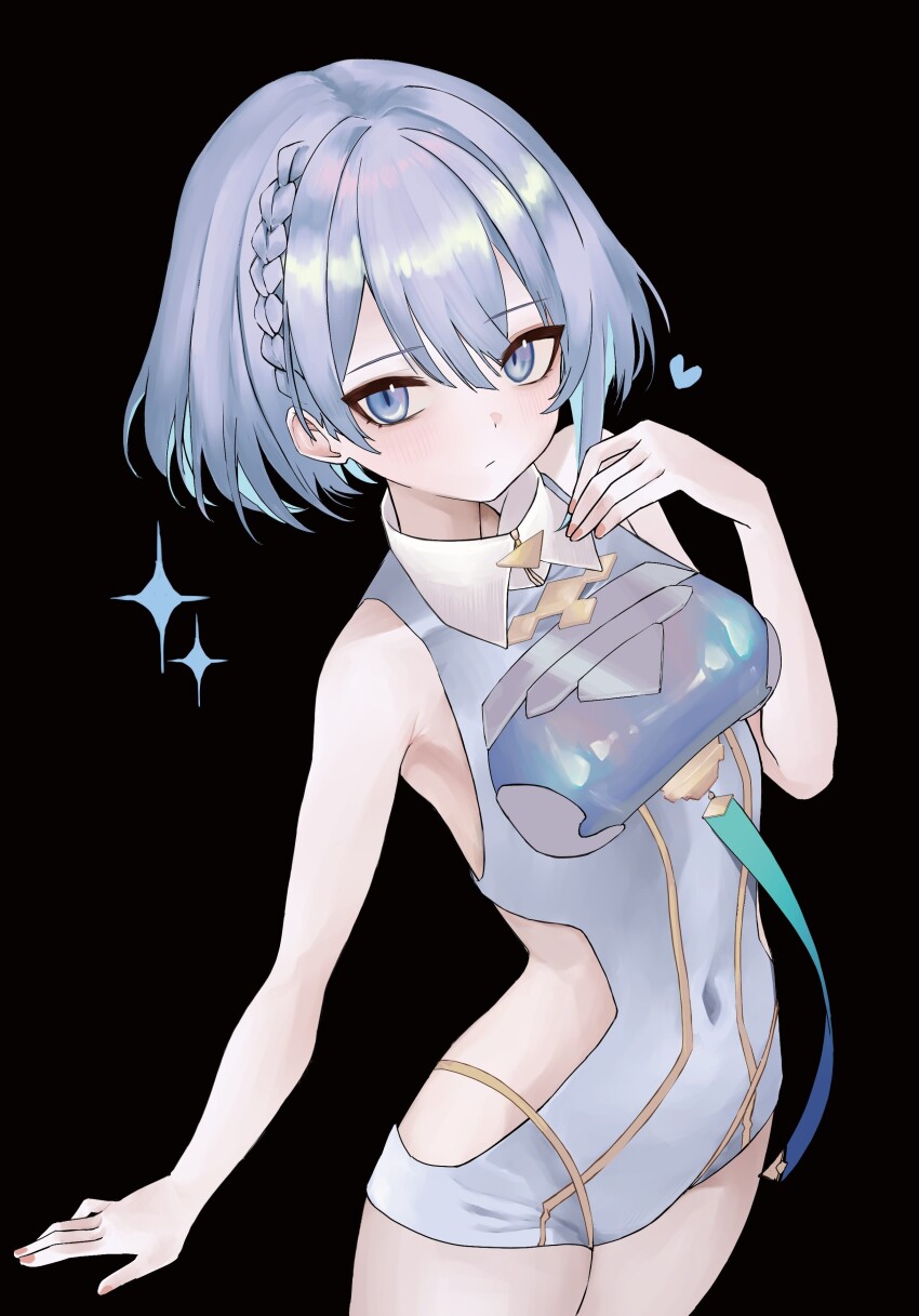 1girl absurdres bare_shoulders black_background braid breasts closed_mouth clothing_cutout collar commentary covered_navel cowboy_shot cross dreizehn_(shadowverse) grey_eyes grey_hair heart highres leotard looking_at_viewer looking_up medium_breasts medium_hair ritaiya shadowverse shadowverse:_worlds_beyond side_cutout single_braid solo standing white_collar white_leotard