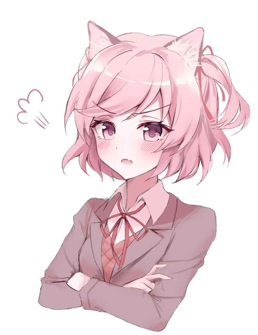 1girl absurdres animal_ear_fluff animal_ears blazer blush breasts brown_jacket cat_day cat_ears collared_shirt cropped_torso crossed_arms doki_doki_literature_club doki_doki_literature_club_school_uniform dot_nose fang hair_ribbon hashtag-only_commentary highres jacket kemonomimi_mode long_sleeves looking_at_viewer natsuki_(doki_doki_literature_club) neck_ribbon nyako_(x_nyako_x) open_mouth orange_sweater_vest pink_eyes pink_hair puff_of_air red_ribbon ribbon school_uniform shirt short_hair simple_background skin_fang small_breasts solo sweater_vest swept_bangs two_side_up white_background white_shirt