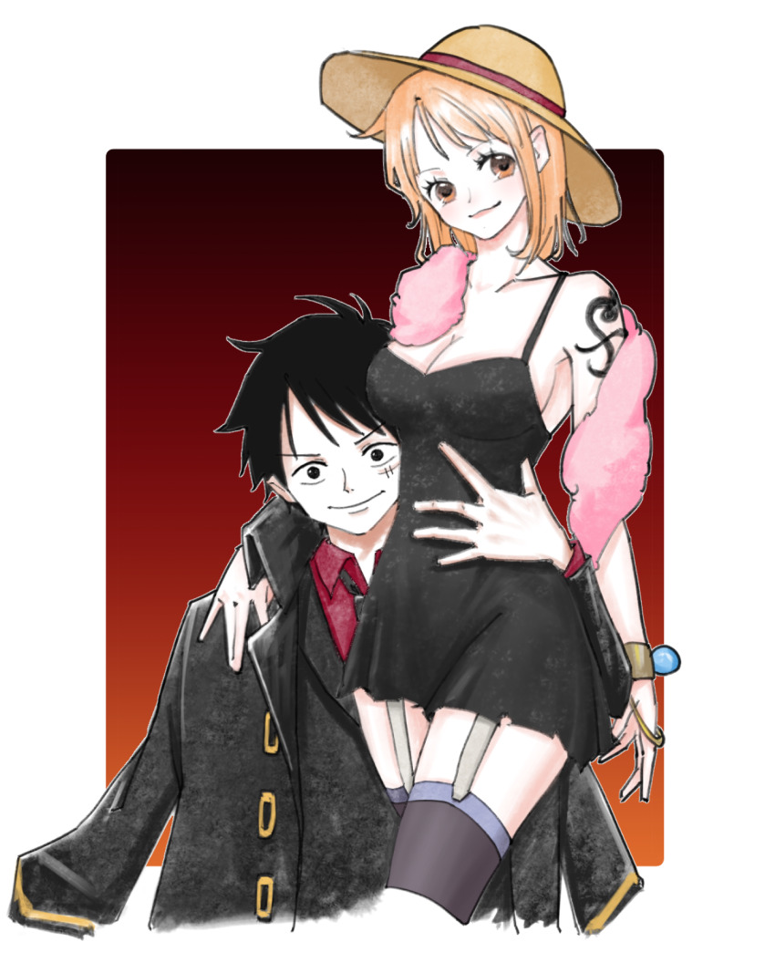 1boy 1girl bangle bare_shoulders black_dress black_hair black_jacket black_necktie black_thighhighs border bracelet breasts brown_eyes cleavage closed_mouth collarbone collared_shirt commentary cowboy_shot cynthia_(user_rrcz7734) dress facial_scar fur_scarf garter_straps hand_on_another&#039;s_shoulder hand_on_another&#039;s_waist hat highres jacket jewelry large_breasts log_pose looking_at_viewer monkey_d._luffy nami_(one_piece) necktie official_alternate_costume one_piece one_piece:_strong_world orange_hair outside_border red_shirt scar scar_on_cheek scar_on_face shirt short_hair single_sidelock smile spaghetti_strap straw_hat thighhighs upper_body white_border