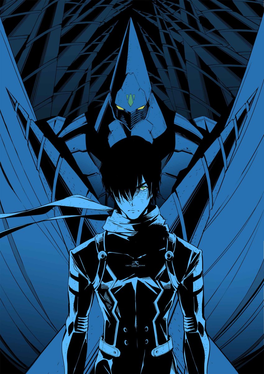 1boy absurdres blue_theme cover cover_image cover_page drill eyebrows_hidden_by_hair getter-2_(devolution) getter_robo getter_robo_devolution green_eyes hair_over_one_eye highres jin_hayato_(devolution) male_focus manga_cover mecha monochrome official_art pilot_suit robot scarf science_fiction shimizu_eiichi shimoguchi_tomohiro solo super_robot textless_version v-shaped_eyebrows yellow_eyes