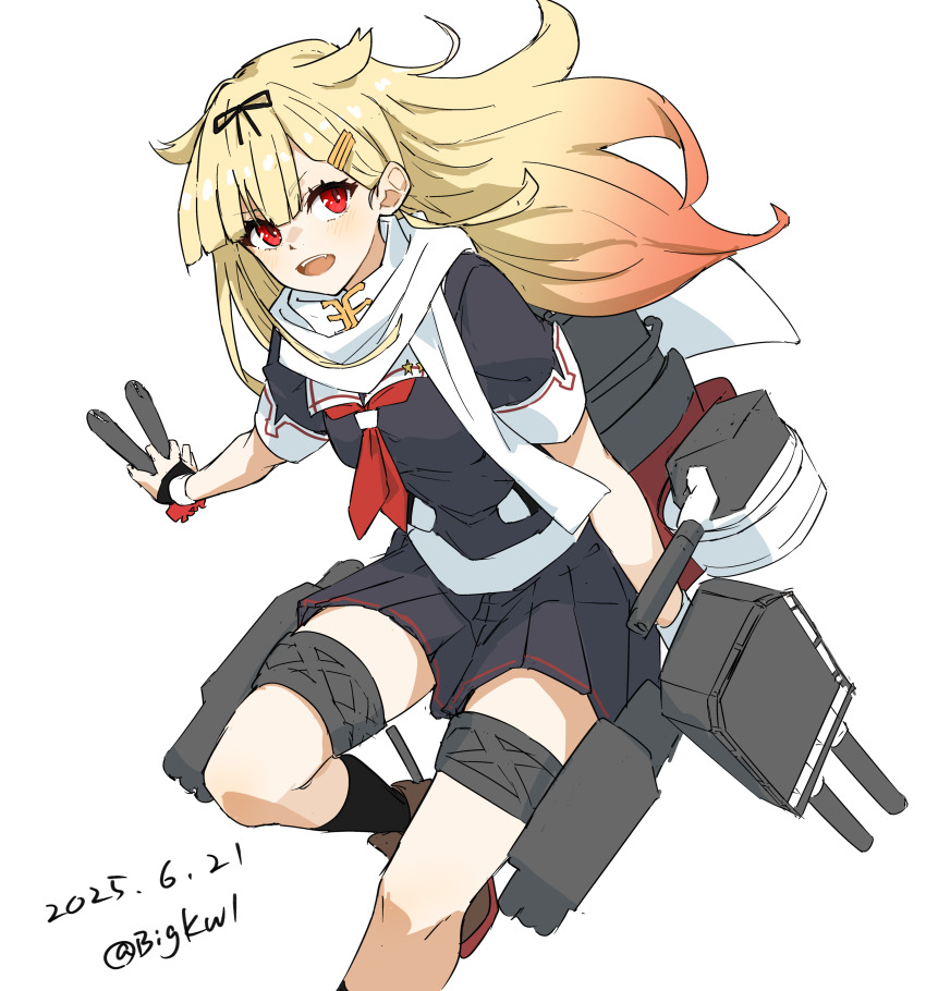 1girl absurdres adapted_turret bigkwl black_ribbon black_serafuku black_skirt blonde_hair breasts gradient_hair hair_flaps hair_ornament hair_ribbon hairclip highres kantai_collection long_hair looking_at_viewer medium_breasts miniskirt multicolored_hair neckerchief open_mouth pleated_skirt red_eyes red_hair red_neckerchief ribbon rigging scarf school_uniform serafuku short_sleeves skirt smile solo thigh_strap torpedo white_scarf yuudachi_(kancolle) yuudachi_kai_ni_(kancolle)