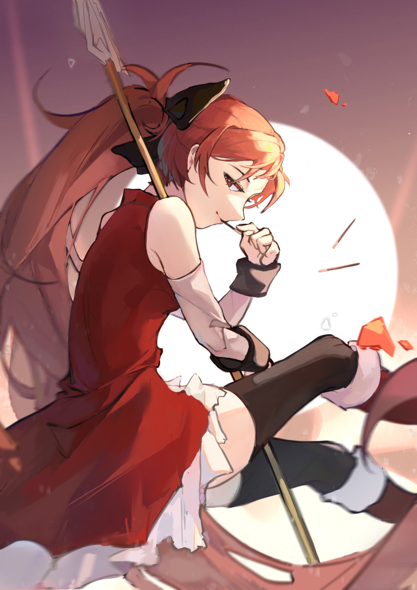 1girl absurdres bare_shoulders black_thighhighs boots commentary detached_sleeves dress food food_in_mouth frilled_dress frills high-low_dress highres holding holding_food holding_pocky holding_polearm holding_weapon knee_boots long_hair looking_at_viewer magical_girl mahou_shoujo_madoka_magica mahou_shoujo_madoka_magica_(anime) pocky pocky_in_mouth polearm ponytail red_dress red_hair sakura_kyoko sakura_kyoko_(magical_girl) sideways_glance sleeveless sleeveless_dress solo thighhighs weapon ww20040626