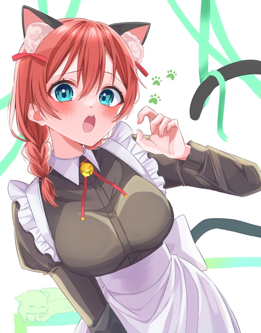 1girl animal_ears animal_hands bell black_dress blue_eyes blush braid breasts cat_day cat_ears cat_tail collared_dress commentary_request dress emma_verde furrowed_brow hair_between_eyes highres jingle_bell large_breasts long_sleeves looking_at_viewer love_live! love_live!_nijigasaki_high_school_idol_club low_twintails maid medium_hair open_mouth osora_dao red_hair sidelocks solo tail twin_braids twintails upper_body