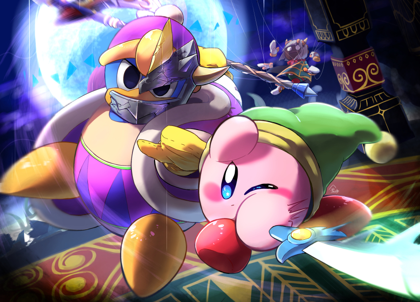 axe battle broken_mask colored_skin copy_ability gloves green_hat hat highres holding holding_axe holding_sword holding_weapon horns kanatera_k king_dedede kirby kirby:_triple_deluxe kirby_(series) mask moon night night_sky nintendo one_eye_closed pillar pink_skin pom_pom_(clothes) puppet_strings rayman_limbs sky sword sword_kirby taranza weapon yellow_gloves