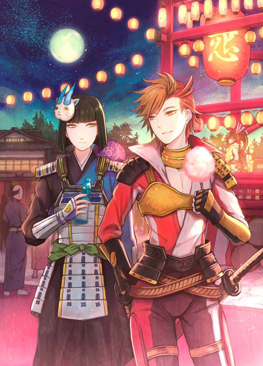 1girl 3boys armor black_hair black_hakama black_kimono blunt_bangs blunt_ends bottle brown_eyes brown_hair character_mask cotton_candy festival food green_eyes grin hair_slicked_back hakama hakama_pants highres holding holding_bottle holding_cotton_candy holding_food japanese_armor japanese_clothes katana kimono komasan maeda_keiji_(sengoku_basara) male_focus mask mask_on_head matsu_(sengoku_basara) multicolored_hair multiple_boys official_alternate_costume pants ramune red_hair sengoku_basara sheath sheathed shibata_katsuie_(sengoku_basara) shima_sakon_(sengoku_basara) short_hair smile sword two-tone_hair wata_guarana weapon youkai_watch
