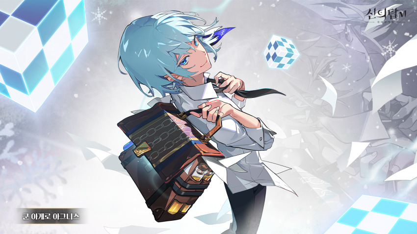 black_necktie black_pants blue_eyes blue_hair briefcase chain_print cube flying_paper game_cg highres holding holding_briefcase khun_aguero_agnis looking_at_viewer necktie pants paper rubik&#039;s_cube shirt simple_background smile snowflakes tower_of_god tower_of_god:_great_journey uoongpig white_shirt