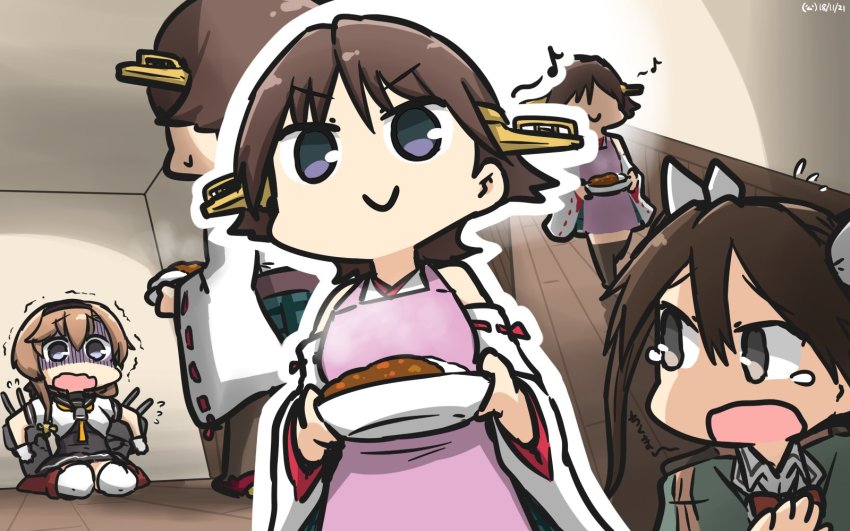 3girls ahoge bare_shoulders boots braid brown_hair chou-10cm-hou-chan chou-10cm-hou-chan_(teruzuki&#039;s) commentary_request constricted_pupils corset dated detached_sleeves elbow_gloves flipped_hair gloves green_skirt grey_eyes hair_between_eyes hair_flaps hair_ribbon hairband hamu_koutarou headband headgear hiei_(kancolle) highres japanese_clothes kantai_collection light_brown_hair long_hair miniskirt multiple_girls musical_note nontraditional_miko open_mouth plaid ribbon ribbon-trimmed_sleeves ribbon_trim rice scared school_uniform shaded_face short_hair single_elbow_glove sitting skirt smile smug spoken_musical_note teruzuki_(kancolle) thigh_boots thighhighs tone_(kancolle) trembling twin_braids twintails white_ribbon wooden_floor