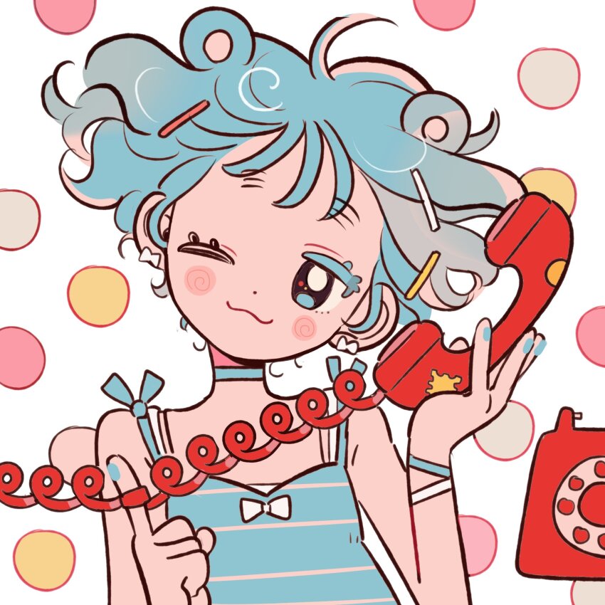 1girl :3 ahoge animal_ears antique_phone bear_ears blue_choker blue_eyes blue_hair blue_nails blue_shirt blush_stickers bow bow_earrings bra bra_strap bracelet choker colored_eyelashes commentary corded_phone dolman_(dm) dot_nose earrings extra_ears facing_viewer floating_hair hair_ornament hairclip hands_up head_tilt highres holding holding_phone jewelry looking_to_the_side one_eye_closed original phone pointing pointing_up polka_dot polka_dot_background portrait raised_eyebrows rotary_phone shirt shirt_bow short_eyebrows short_hair solo spaghetti_strap striped_clothes striped_shirt symbol-only_commentary underwear white_bra