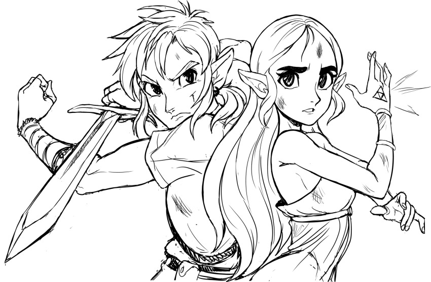 1boy 1girl bare_shoulders breasts dress highres holding holding_sword holding_weapon hyrule_warriors:_age_of_calamity left-handed link long_hair looking_at_viewer nintendo pointy_ears princess_zelda sideboob sketch sword teevo the_legend_of_zelda the_legend_of_zelda:_breath_of_the_wild triforce tunic weapon wrist_cuffs