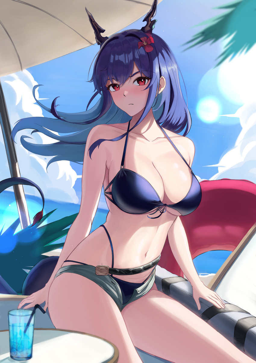 1girl absurdres arknights beach_umbrella bikini blue_bikini blue_hair blue_sky bodam breasts ch&#039;en_(arknights) ch&#039;en_the_holungday_(arknights) ch&#039;en_the_holungday_(elite_ii)_(arknights) cloud commentary cup day dragon_horns drinking_glass drinking_straw flower grey_shorts hair_flower hair_ornament highres horns large_breasts long_hair micro_shorts navel open_fly red_eyes red_flower shorts sitting sky solo stomach swimsuit thighs umbrella