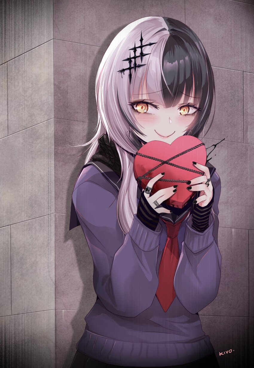 1girl absurdres alternate_costume black_arm_warmers black_hair black_nails black_sailor_collar black_scarf box closed_mouth commentary english_commentary gift hair_ornament heart-shaped_box highres holding holding_gift hololive hololive_english jewelry kivo long_hair multicolored_hair purple_sweater ring sailor_collar scarf shiori_novella smile solo split-color_hair sweater two-tone_hair virtual_youtuber white_hair yellow_eyes