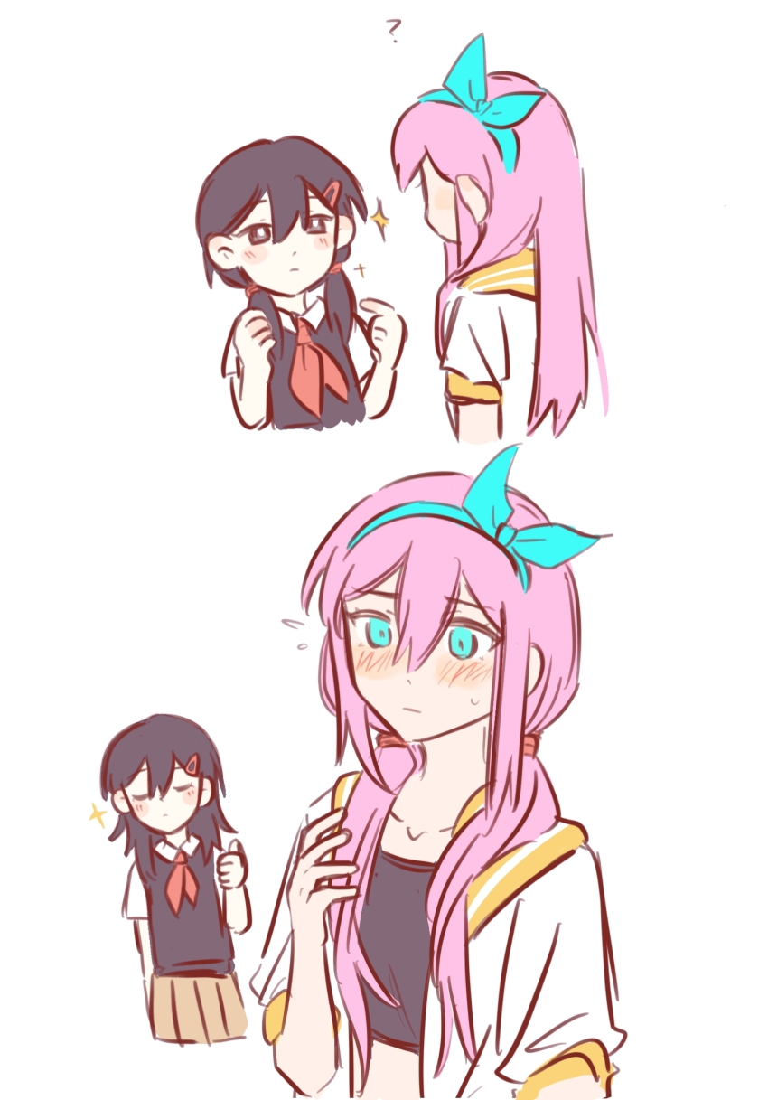 2girls ? alternate_hairstyle aubrey_(faraway)_(omori) aubrey_(omori) bailan1130 black_eyes black_hair black_sweater_vest blue_eyes blue_hairband bright_pupils closed_eyes closed_mouth collarbone collared_shirt crop_top dark_skin genderswap genderswap_(mtf) hair_ornament hairband hairclip highres jacket low_twintails multiple_girls neckerchief omori pink_hair pleated_skirt red_neckerchief shirt short_sleeves short_twintails simple_background skirt sunny_(omori) sweater_vest thumbs_up twintails white_background white_jacket white_pupils white_shirt
