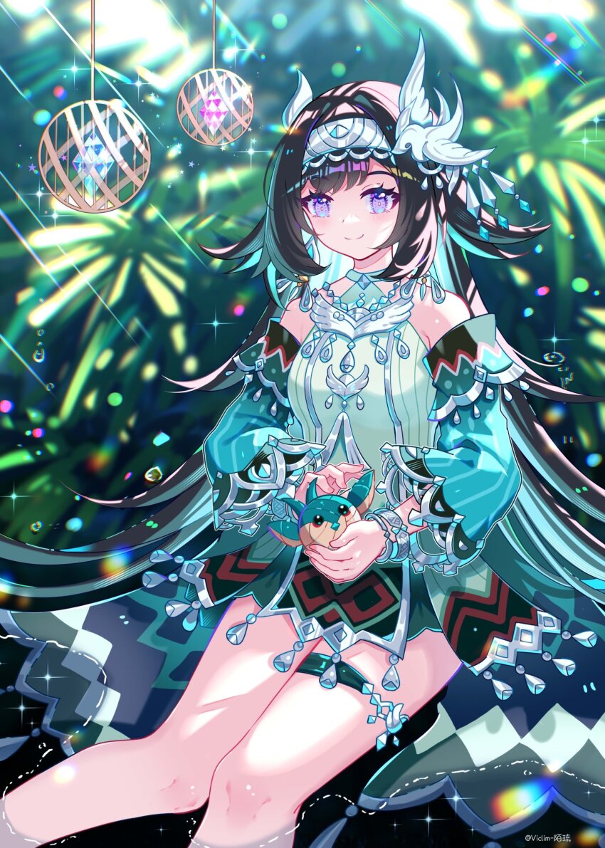 1girl bare_shoulders bird bird_hair_ornament bird_on_hand black_hair blue_dress blue_sleeves blush bracelet closed_mouth commentary detached_sleeves dress genshin_impact hair_ornament highres jewelry lan_yan_(genshin_impact) long_hair on_water purple_eyes silver_hairband sitting sitting_on_water sleeveless sleeveless_dress smile solo very_long_hair viclim-monou