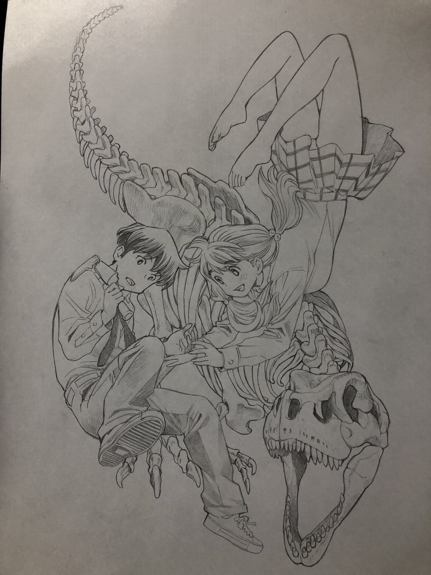 1boy 1girl barefoot dinosaur floating fossil full_body hammer highres kikumoto_kaoru kimi_wa_sukinosaurus low_twintails miniskirt monochrome open_mouth pleated_skirt school_uniform sekiguchi_taro shiraishi_momiji shirt skeleton sketch skirt smile traditional_media twintails tyrannosaurus_rex unfinished