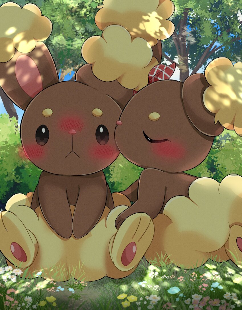 ajiwo blush buneary closed_eyes gen_4_pokemon grass highres kiss kissing_cheek looking_at_viewer nintendo no_humans on_grass outdoors pokemon pokemon_(creature) sitting tree