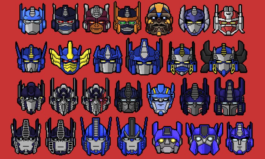 absurdres art_likes_robots autobot beast_machines beast_wars beast_wars:_transformers blue_eyes bumblebee_(film) commentary english_commentary fire_convoy frown head_only highres mecha multiple_persona no_humans optimal_optimus optimus_primal optimus_prime optimus_prime_(animated) pixel_art red_background red_eyes robot the_transformers_(idw) transformers transformers:_age_of_extinction transformers:_dark_of_the_moon transformers:_fall_of_cybertron transformers:_generation_1 transformers:_rescue_bots transformers:_rescue_bots_academy transformers:_revenge_of_the_fallen transformers:_robots_in_disguise_(2015) transformers:_the_last_knight transformers:_war_for_cybertron transformers_(live_action) transformers_animated transformers_armada transformers_car_robots transformers_cybertron transformers_cyberverse transformers_energon transformers_prime transformers_unicron_trilogy yellow_eyes